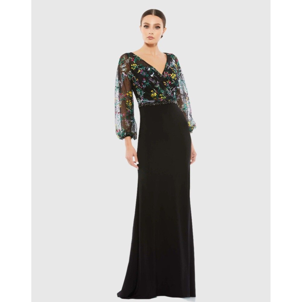 New with tag MAC DUGGAL Black Embroidered Illusion Puff Sleeve Gown #79379 sz 10